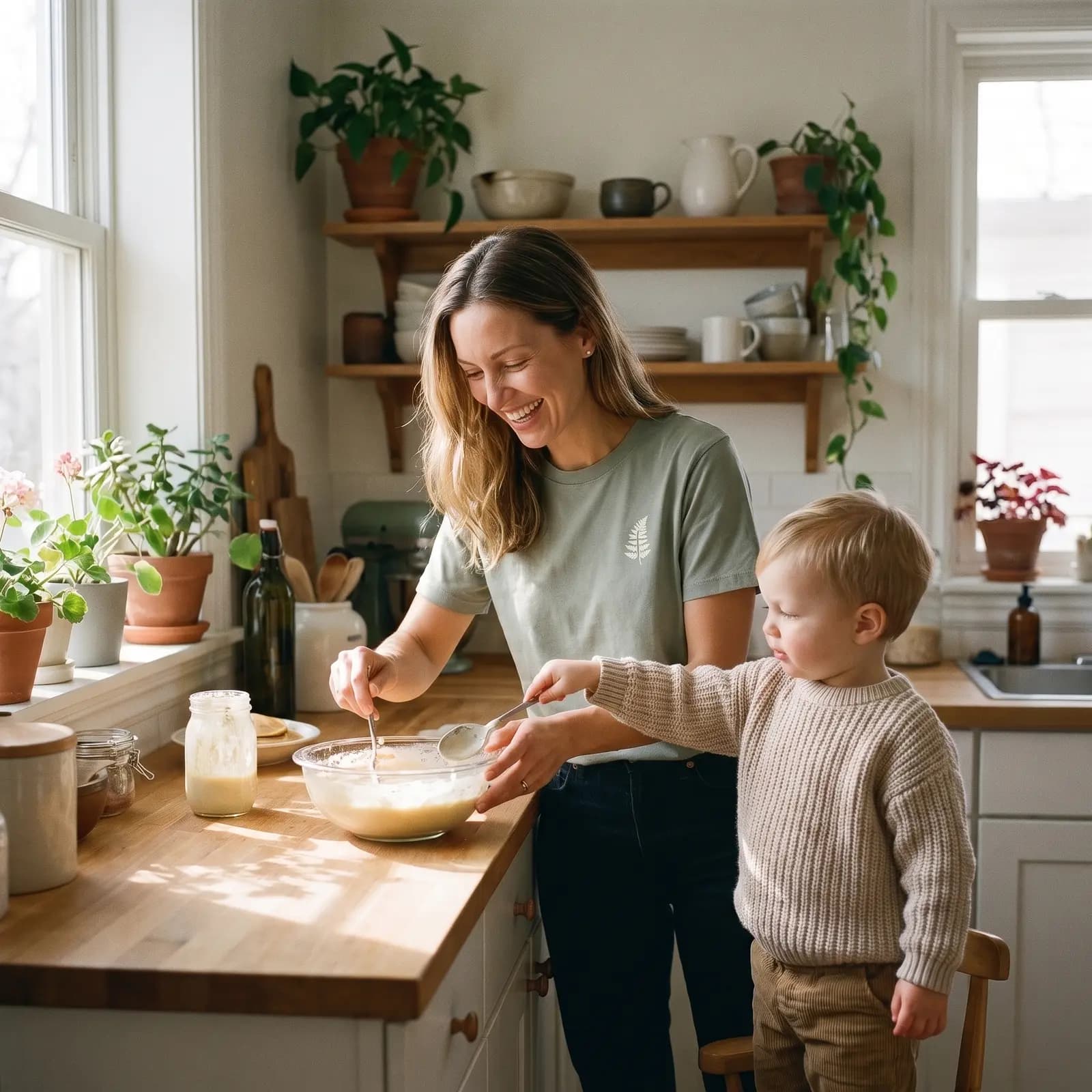 Mom and toddler mixing pancake batter together in a sunlit kitchen, both in Mama Fern organic cotton