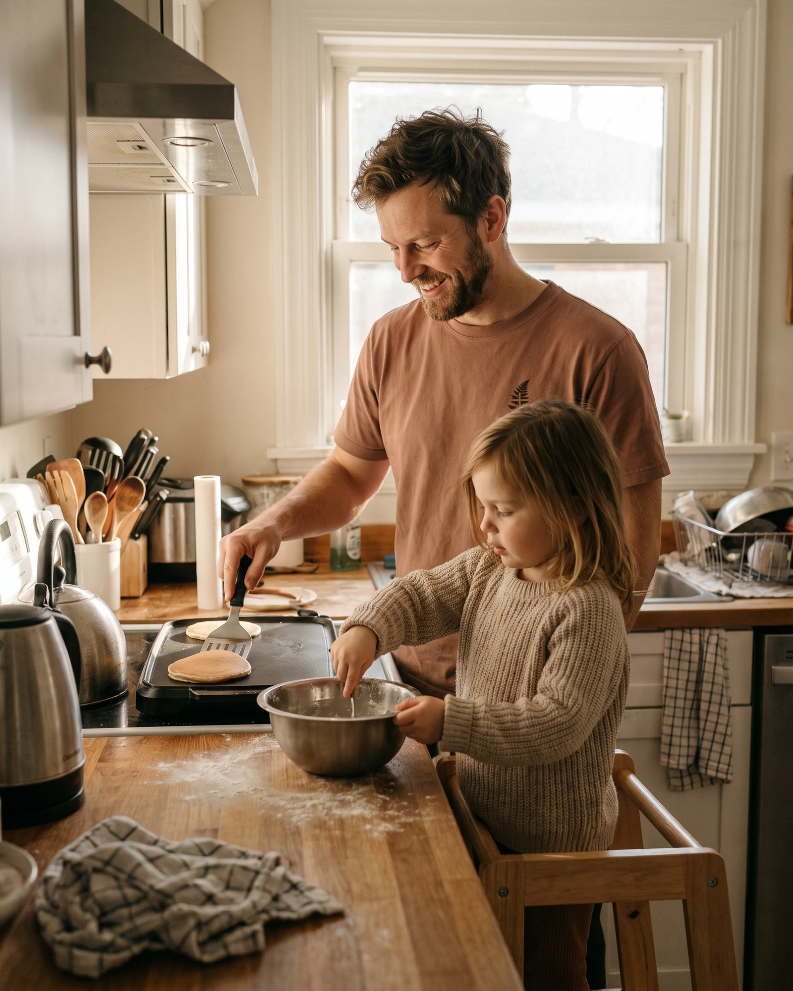 A dad flipping pancakes with his daughter, wearing the Everyday Tee in Heritage Brown
