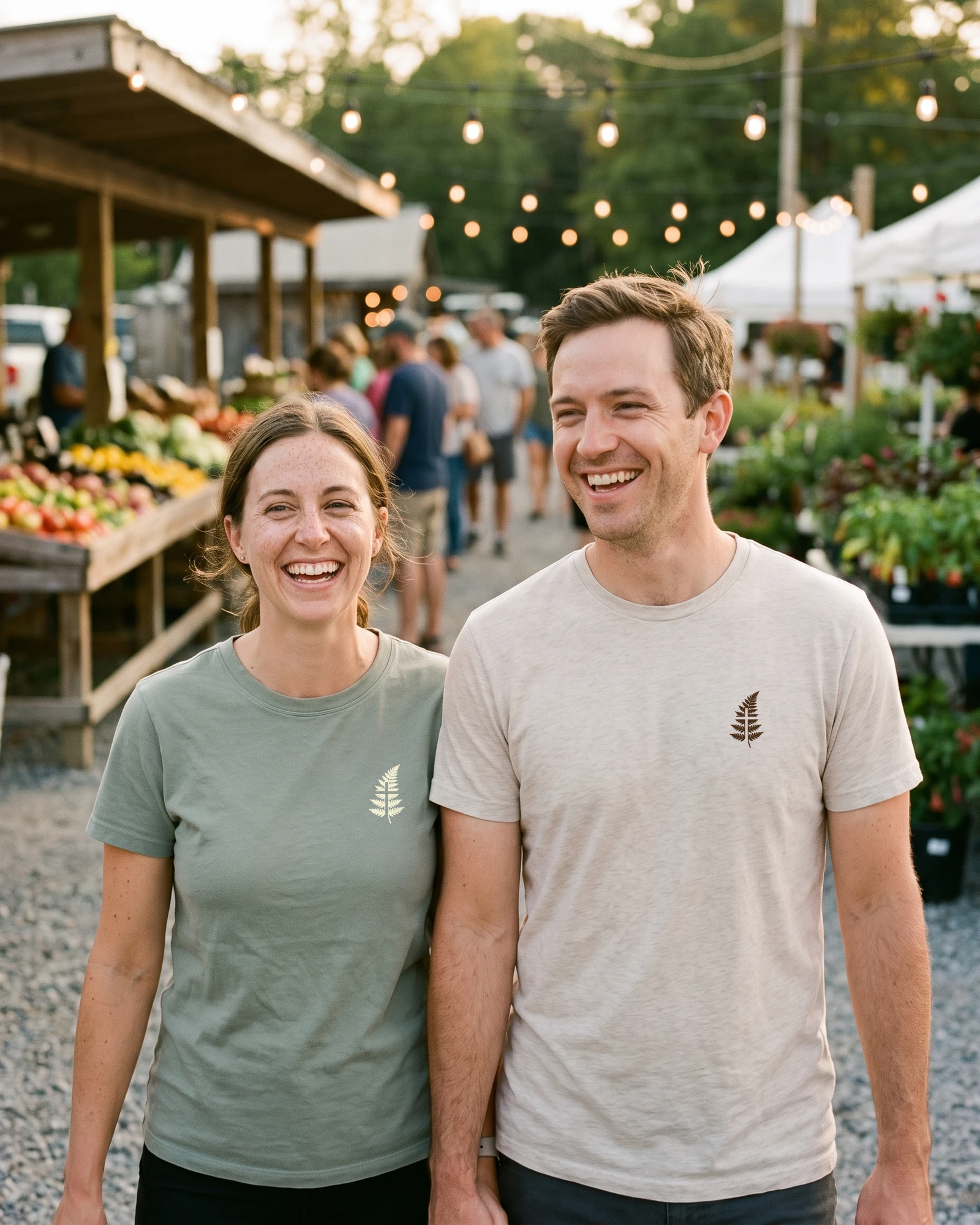 A mom in the Everyday Tee in Aloe and a dad in Eco Heather laughing together at a farmers market