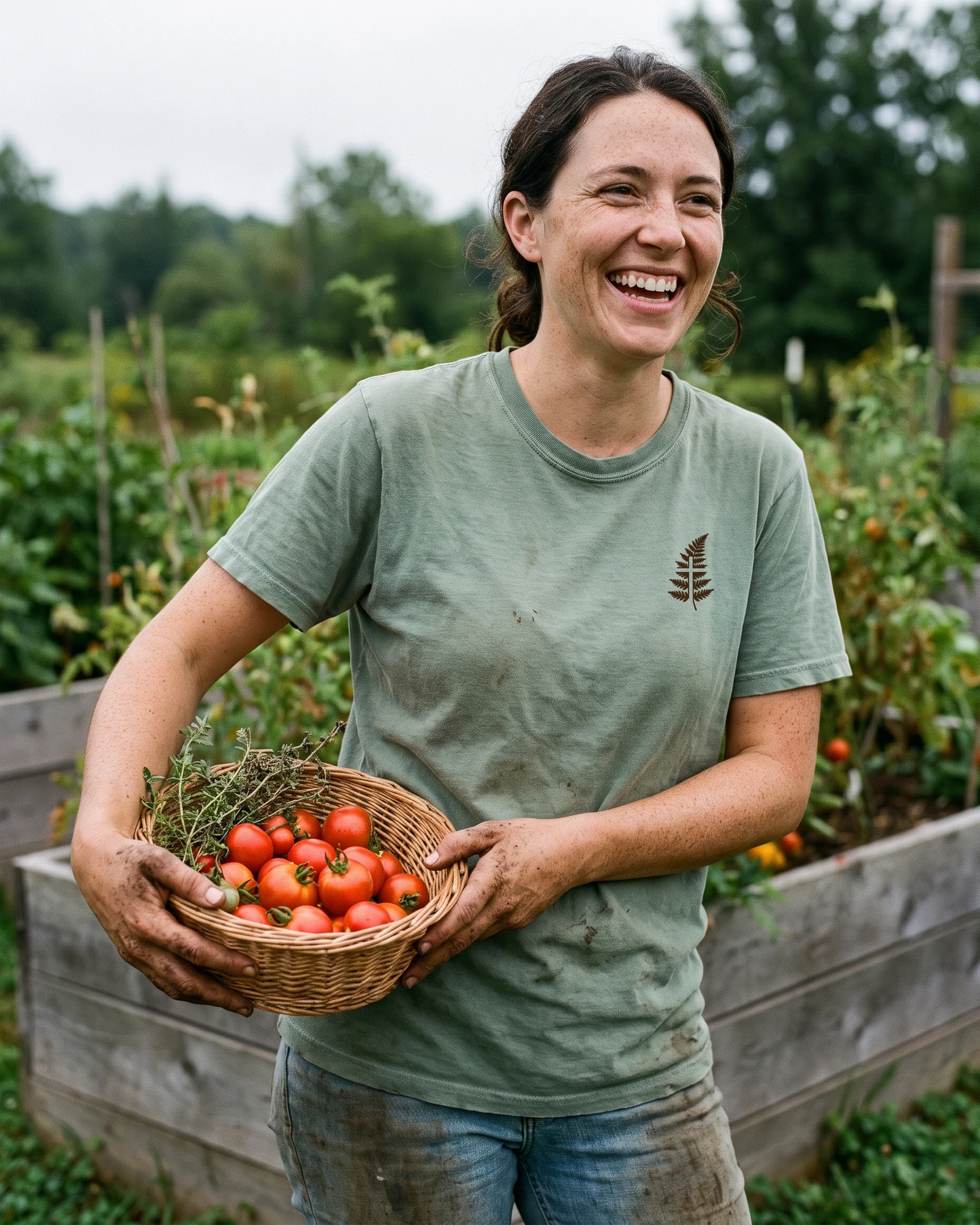 A mom laughing in her garden with a basket of tomatoes, wearing the Everyday Tee in Aloe